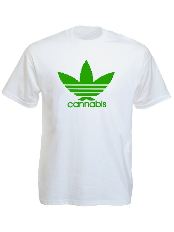 Tee-Shirt Blanc Marrant Imitation Logo Adidas Feuille Cannabis