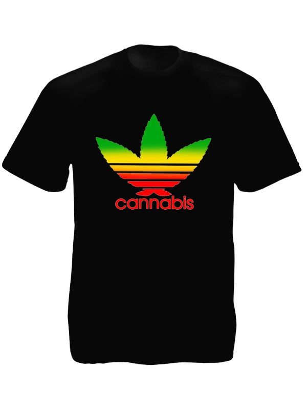 T-Shirt Noir Manches Courtes avec Logo Adidas en Feuille de Cannabis Verte Jaune Rouge