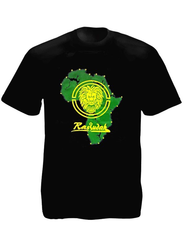 Tee-Shirt Noir Lion Rastafari Africain Manches Courtes Coton