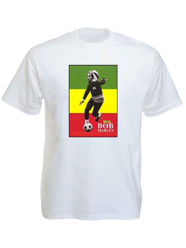 T-Shirt Blanc Manches Courtes Bob Marley avec Drapeau Rasta Vert Jaune et Rouge