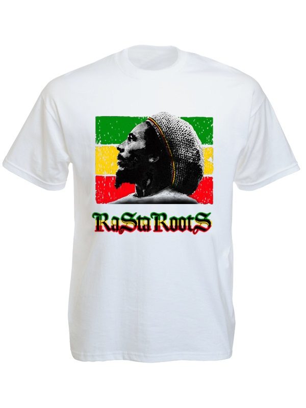 Rasta Roots Tee-Shirt Blanc Imprimé Bob Marley Portant un Tam