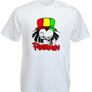 T-Shirt Blanc Manches Courtes Reggae avec Rastaman Fumeur de Cannabis
