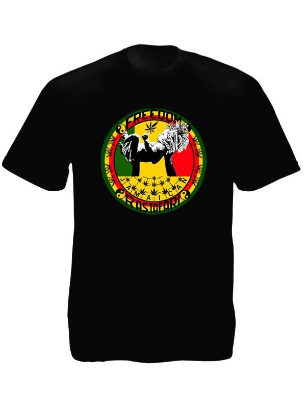 Tee-Shirt Noir Freedom Jamaican Rastafari Manches Courtes en Coton
