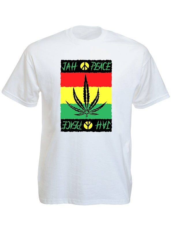 Look Rasta T-Shirt Blanc Jah Peace Feuille de Ganja Coton