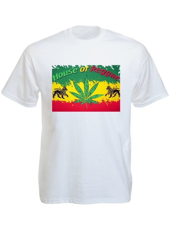 House Of Reggae T-Shirt Blanc Manches Courtes Lion De Judah Et Ganja