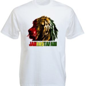 Homme Tee-Shirt Blanc Dieu Jah Rastafari Lion de Juda en Coton