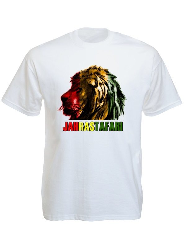 Homme Tee-Shirt Blanc Dieu Jah Rastafari Lion de Juda en Coton