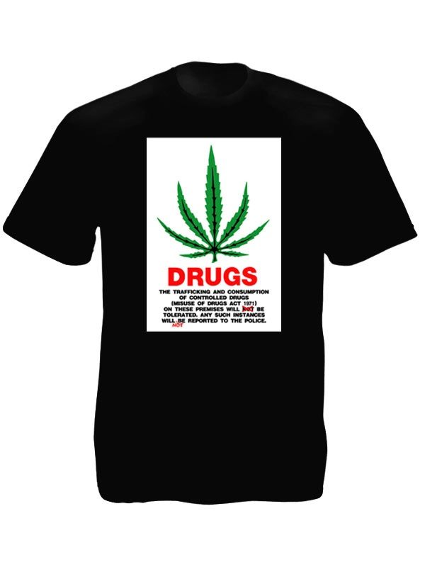 Tee-Shirt Noir Feuille Cannabis Loi Drogue Grande-Bretagne Manches Courtes