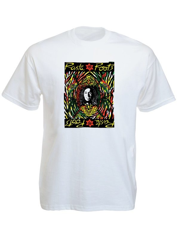 T-Shirt Blanc Style Rasta Roots Tête De Bob Marley Col Arrondi