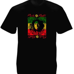 T-Shirt Manches Courtes Noir Rétro Rasta Roots Bob Marley en Coton