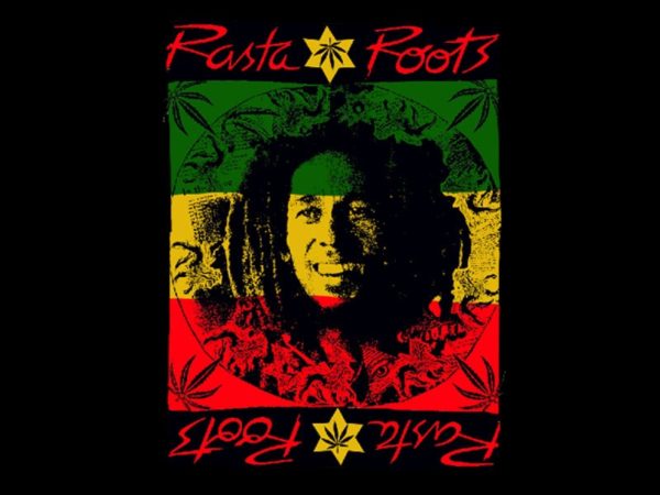 T-Shirt Manches Courtes Noir Rétro Rasta Roots Bob Marley en Coton