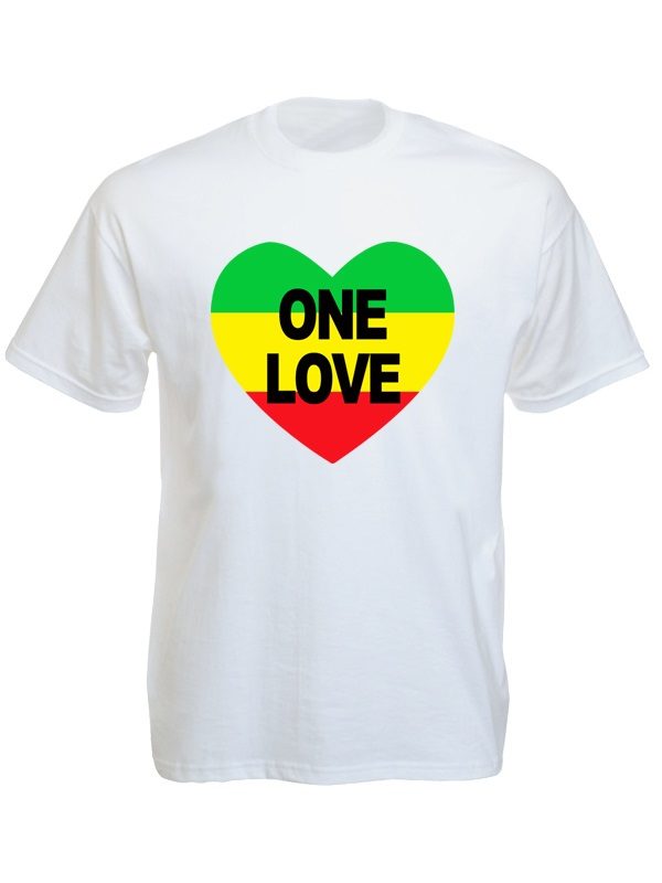Bob Marley Tee-Shirt Blanc Cœur Vert Jaune Rouge One Love