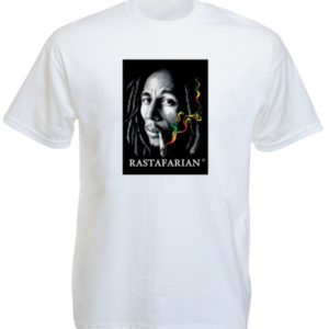 Tee-Shirt Blanc Bob Marley Imprimé Génial Fumée Verte Jaune Rouge