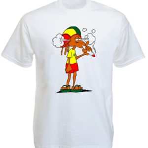 T-Shirt Blanc Manches Courtes Rasta avec un Fumeur de Joint de Cannabis
