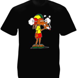 T-Shirt Noir à Manches Courtes avec un Rasta Fumeur de Ganja