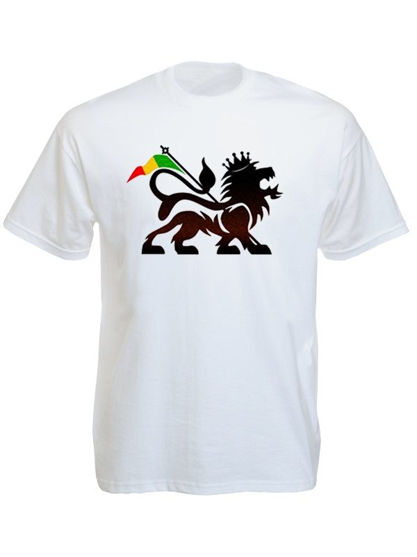 T-Shirt Blanc Manches Courtes Lion de Juda et Drapeau Rasta