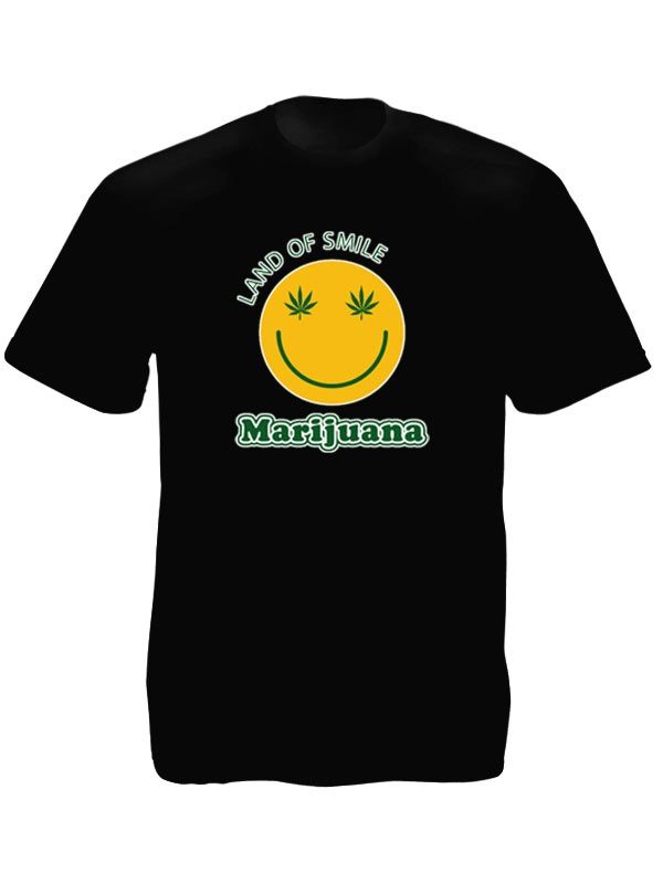 T-Shirt Noir Smiley Marijuana Pays du Sourire Taille Large en Coton