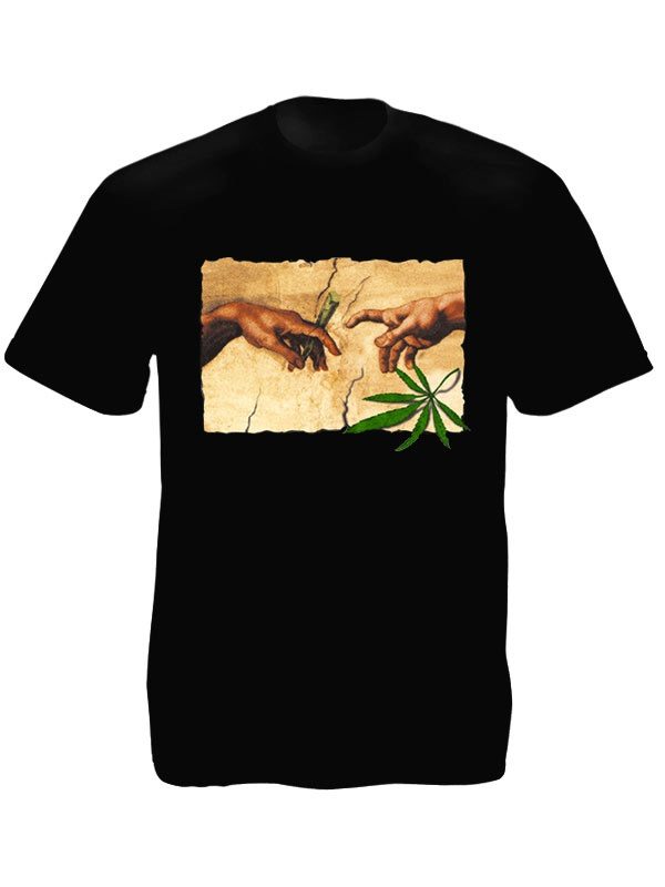 Tee-Shirt Noir Artistique Parodique Dieu et Adam Fument du Cannabis