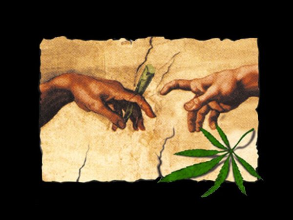 Tee-Shirt Noir Artistique Parodique Dieu et Adam Fument du Cannabis