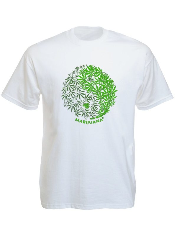 T-Shirt Blanc Homme Signe Yin Yang Feuilles de Cannabis Manches Courtes