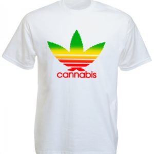 T-Shirt Blanc Manches Courtes Rasta avec Feuille de Cannabis Verte Jaune et Rouge