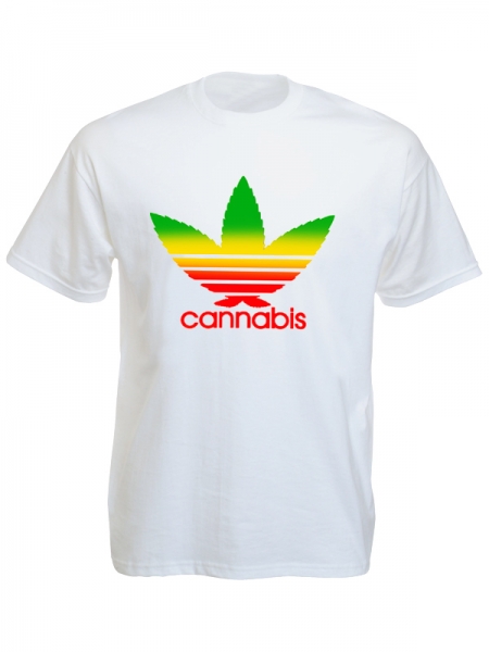 T-Shirt Blanc Manches Courtes Rasta avec Feuille de Cannabis Verte Jaune et Rouge